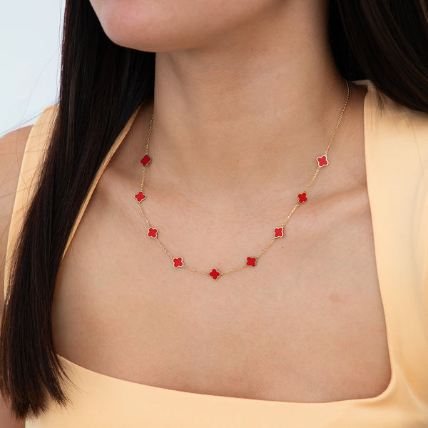 14k Yellow Gold Small Coral Clover Station Necklace