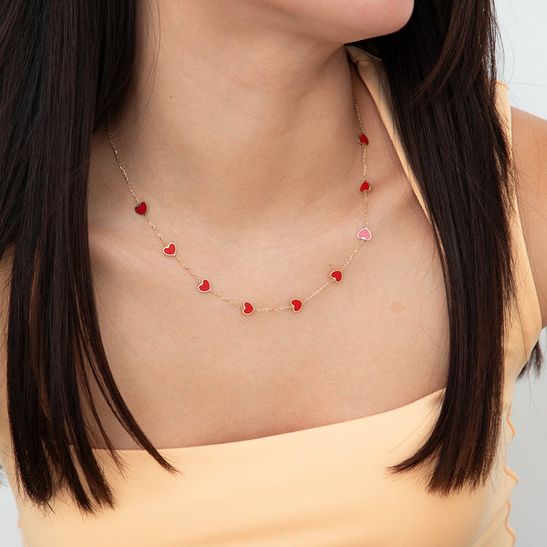 14k Yellow Gold Small Coral Heart Station Necklace