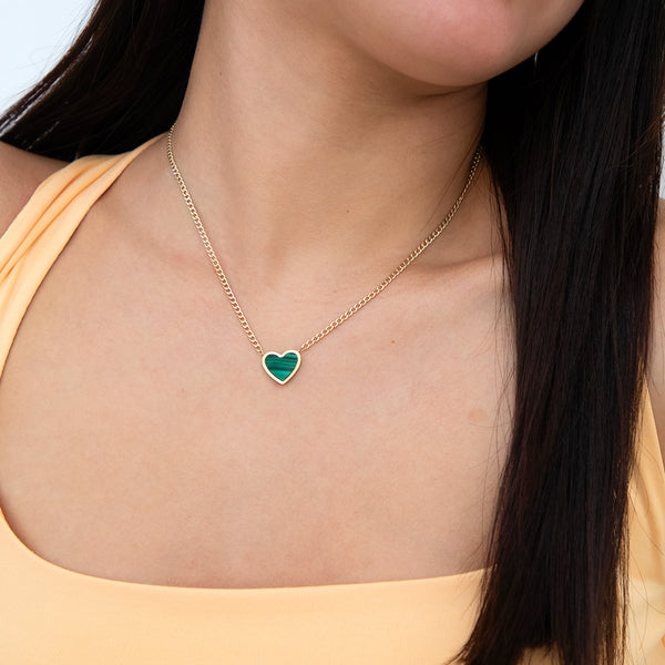 14k Yellow Gold Malachite Heart Necklace