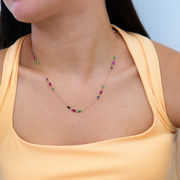 18K Yellow Gold Emerald, Ruby and Sapphire Station Necklace