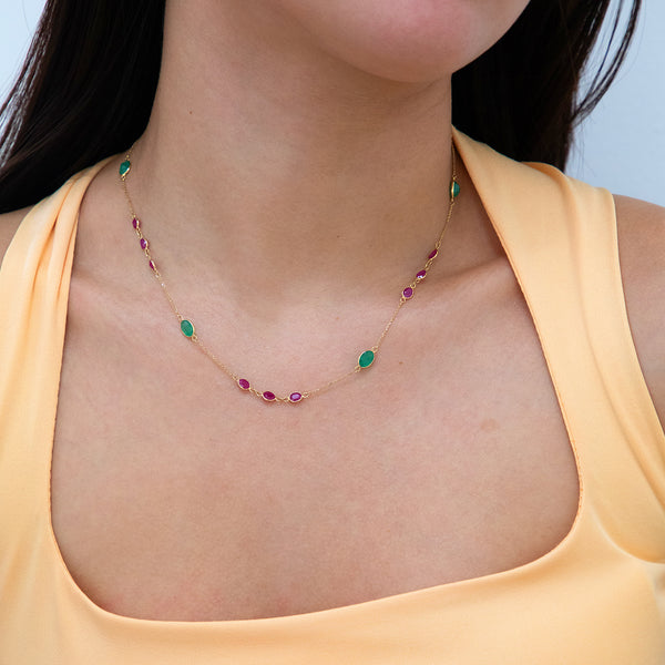 18K Yellow Gold Emerald and Ruby Station Necklace